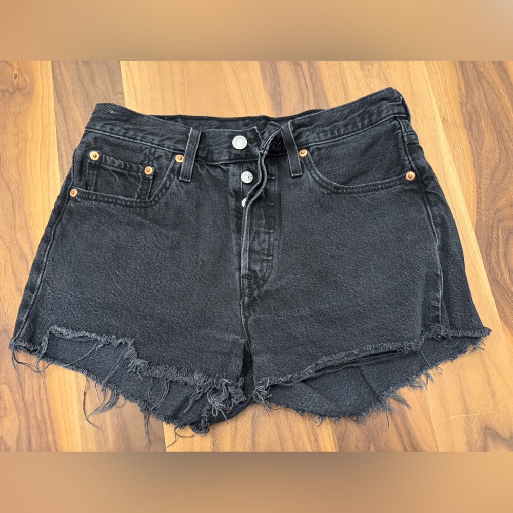 Levi's Dark Jean Shorts with Distressed Hem